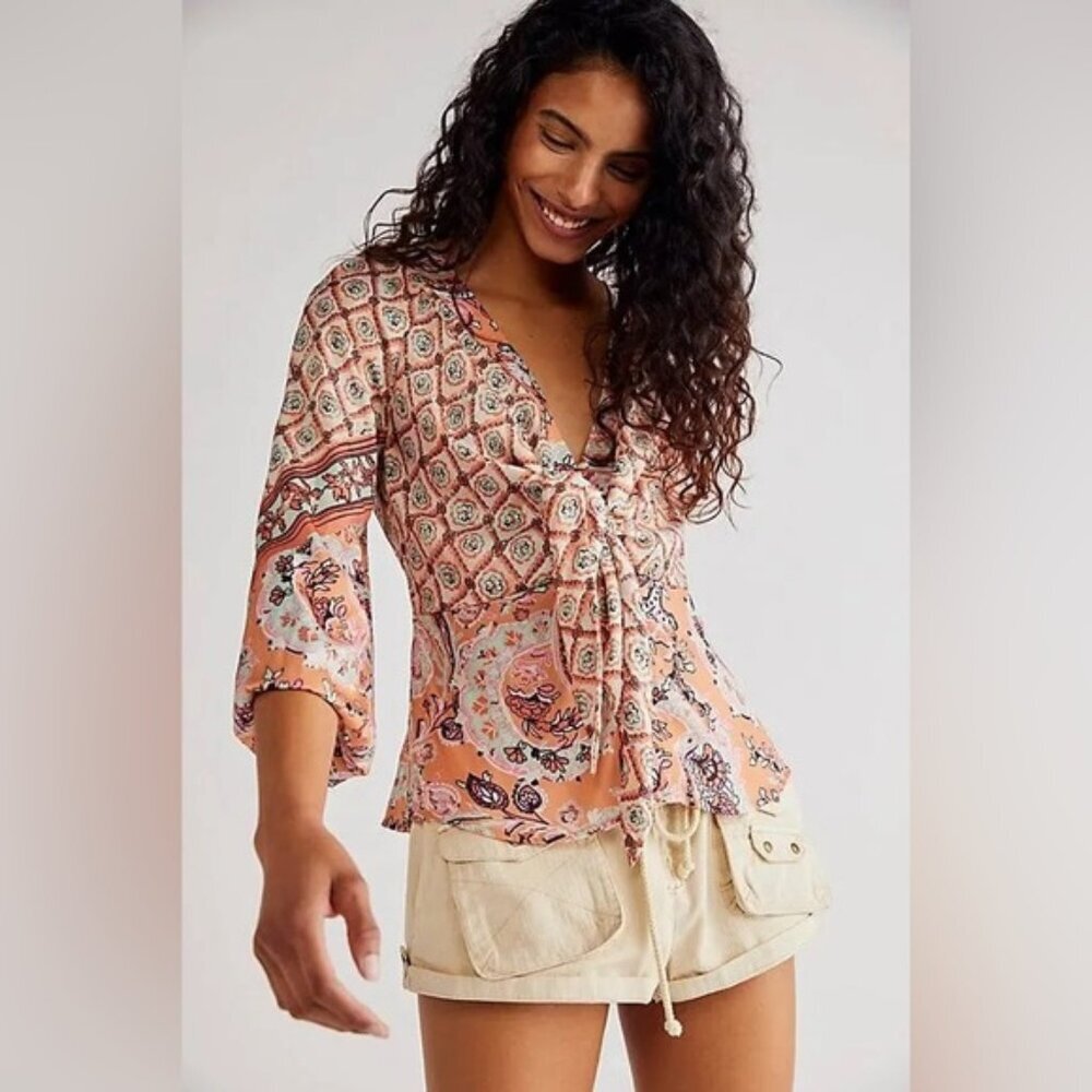 NWT Free People Silky Orange Paisley Tie Front Run Free Blouse‎ Elastic Cuffs XS